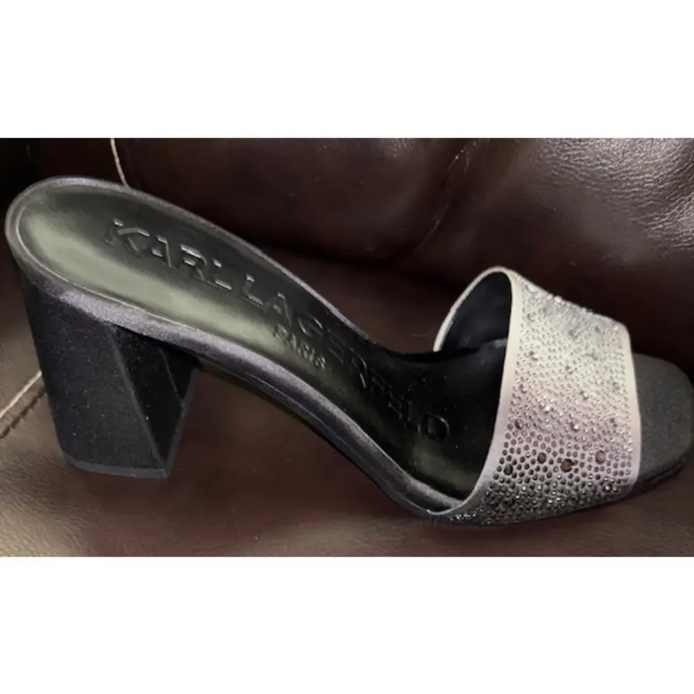 NIB KARL LAGERFELD PARIS PERA RHINESTONE BLACK WHITE SLIDE SANDAL. 9 M Sparkly - Picture 8 of 12